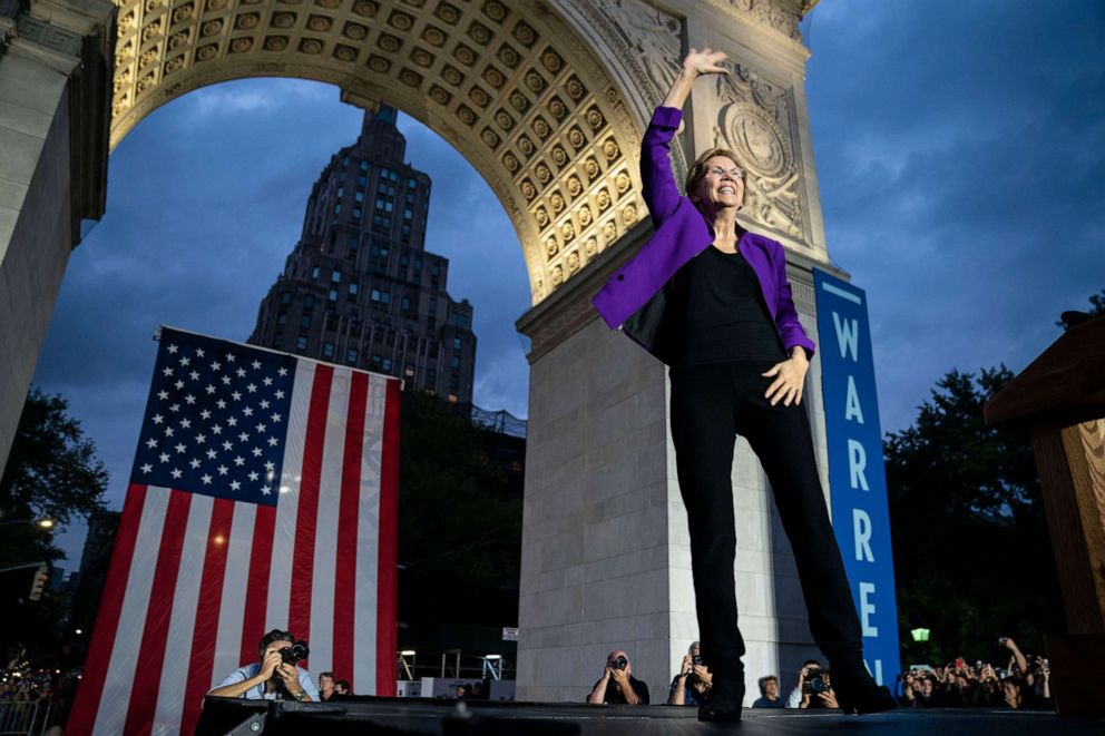 PHOTO: Sen. Elizabeth Warren arrives for a rally in Washington Square Park on September 16, 2019 in New York City.