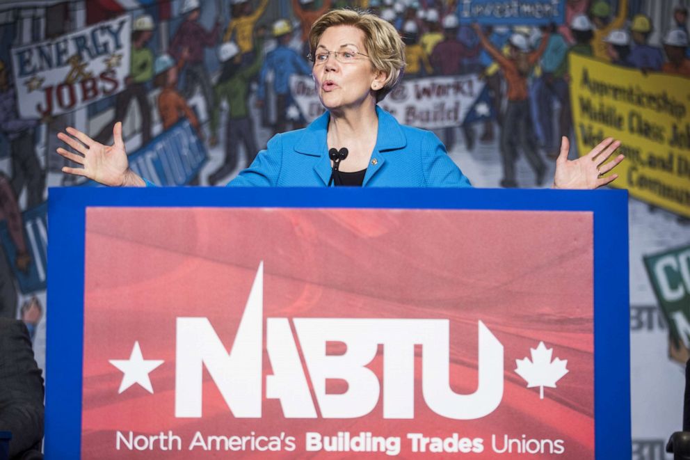 PHOTO: Sen. Elizabeth Warren (D-MA) speaks during the North American Building Trades Unions Conference, April 10, 2019, in Washington, D.C. 