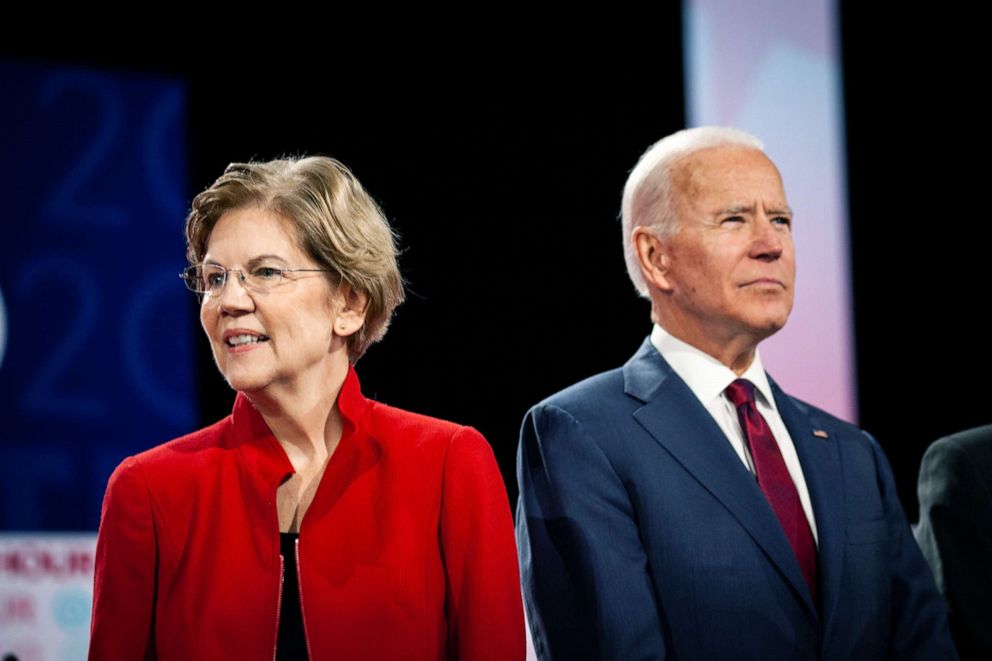 PHOTO: Sen. Elizabeth Warren and former Vice President Joe Biden, arrive on stage ahead of the Democratic presidential debate in Los Angeles, Dec. 19, 2019.