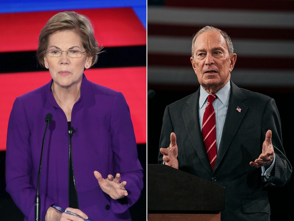PHOTO: Elizabeth Warren, left, and Michael Bloomberg, right.