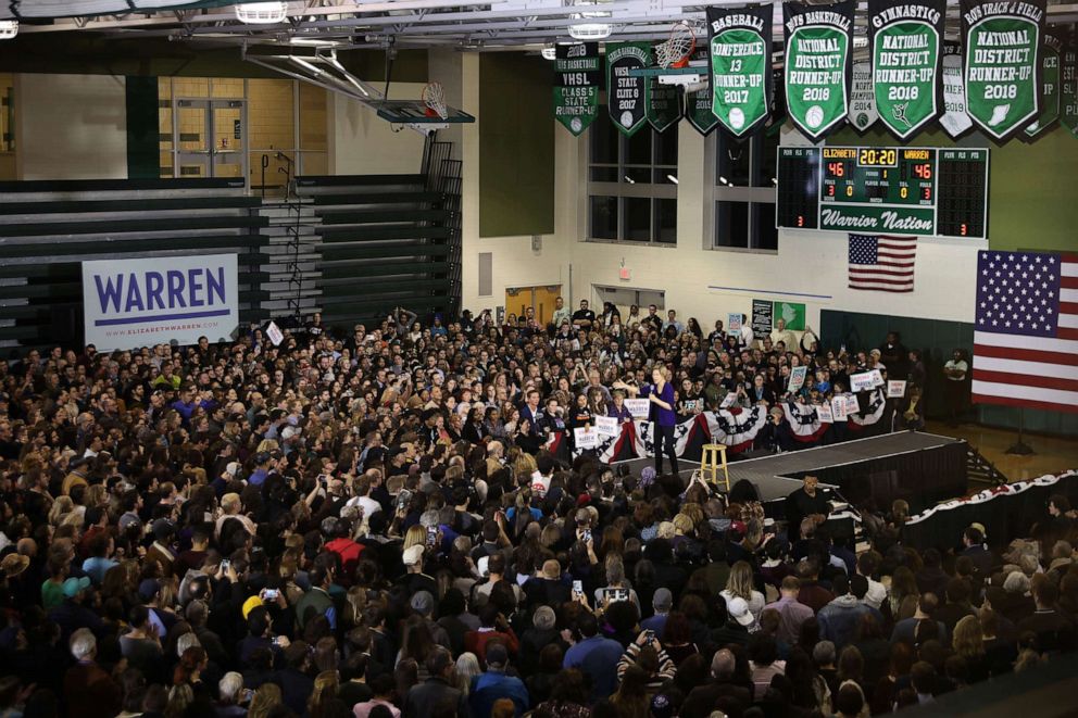 PHOTO: In this Feb. 13, 2020, file photo, thousands of people attend a rally with Democratic presidential candidate Sen. Elizabeth Warren in the gymnasium at Wakefield High School in Arlington, Va.
