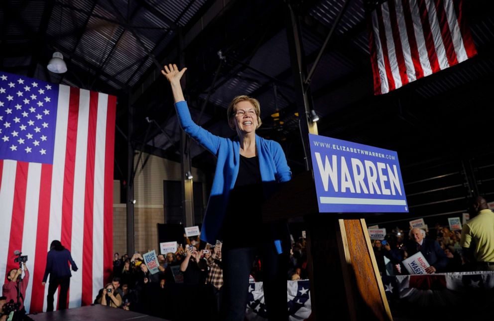PHOTO: In this March 3, 2020, Senator Elizabeth Warren takes the stage before speaking at her Super Tuesday night rally in Detroit.