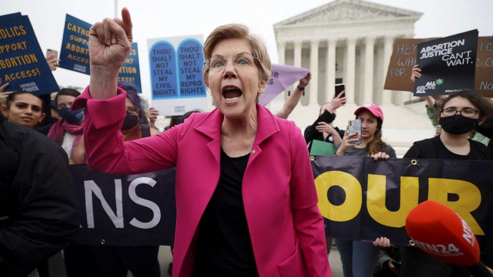 PHOTO: Sen. Elizabeth Warren reacts during a protest outside the U.S. Supreme Court, in Washington, D.C., May 3, 2022.