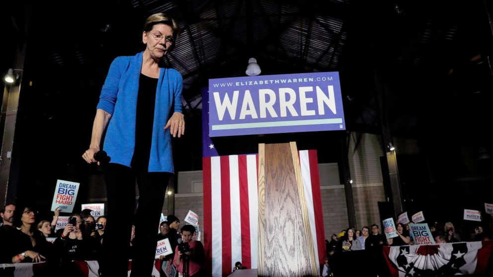PHOTO: Democratic presidential candidate Senator Elizabeth Warren speaks at her Super Tuesday night rally in Detroit, March 3, 2020.