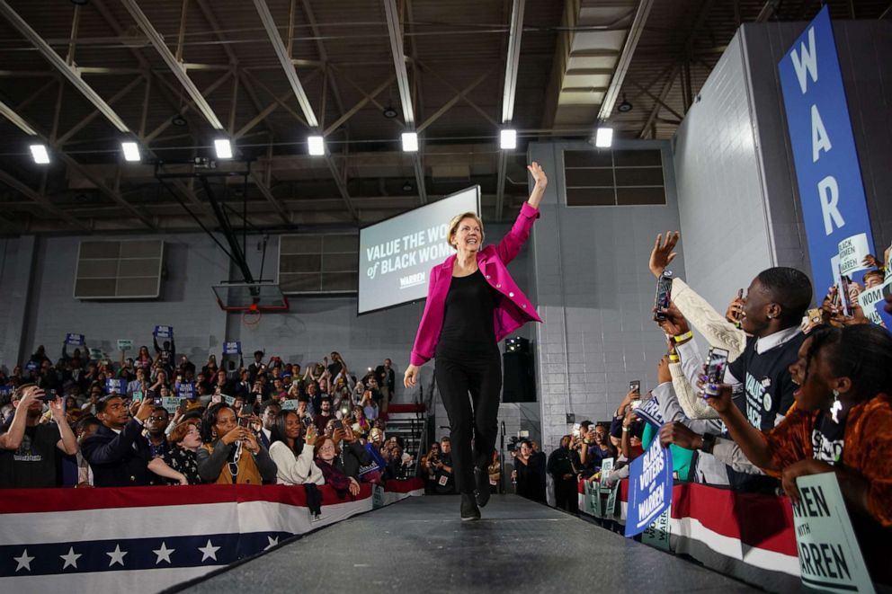 PHOTO: Democratic presidential candidate Sen. Elizabeth Warren arrives on stage at a campaign event at Clark Atlanta University on Nov. 21, 2019 in Atlanta.