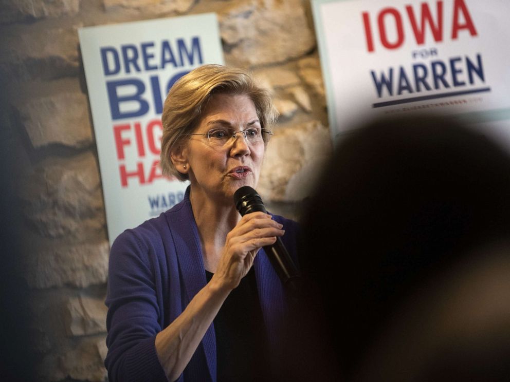 PHOTO: Democratic presidential candidate Sen. Elizabeth Warren (D-MA) speaks to a crowd during a campaign stop at Fat Hill Brewing, May 4, 2019, in Mason City, Iowa.