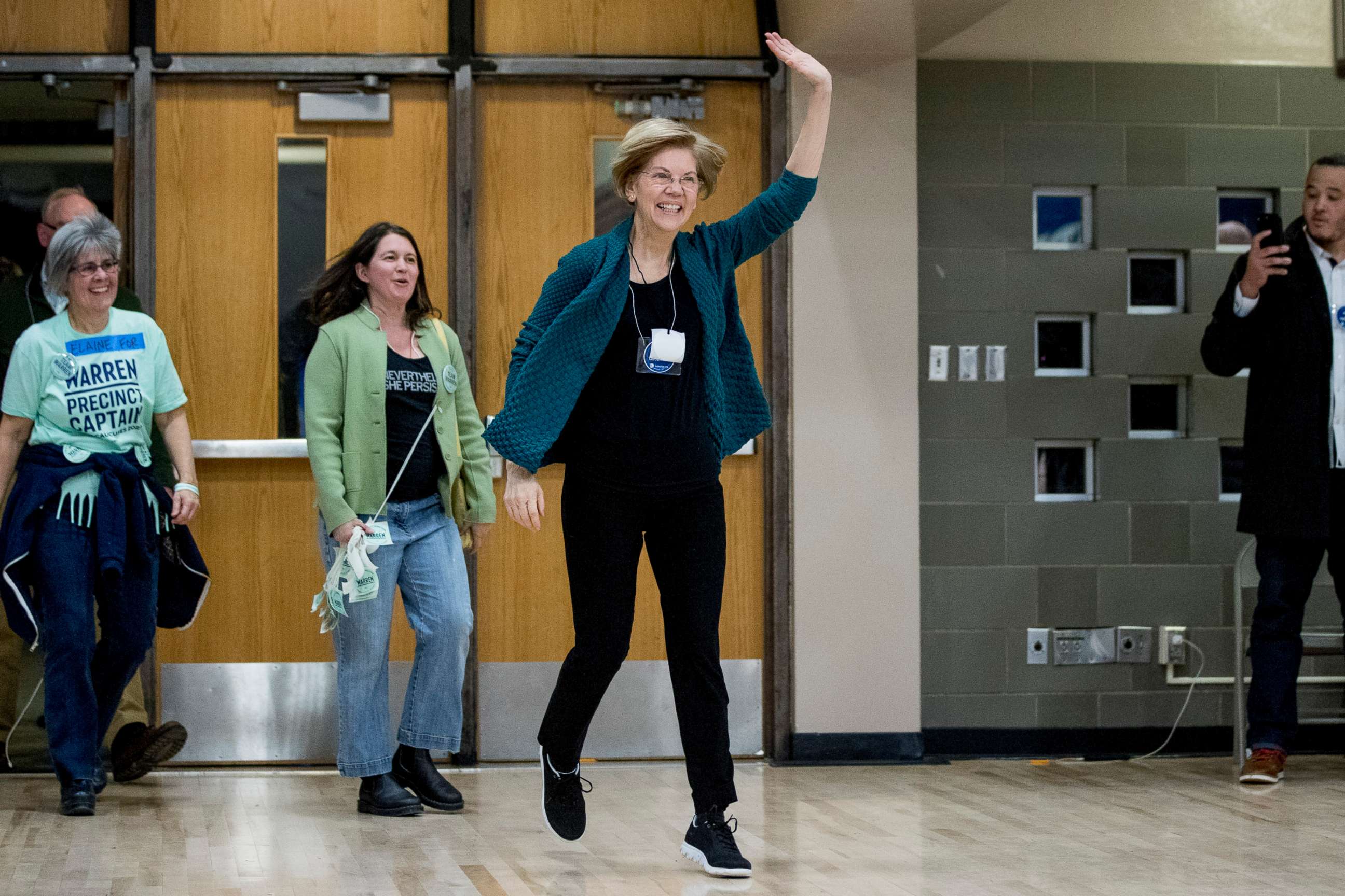 PHOTO: Democratic presidential candidate Sen. Elizabeth Warren, D-Mass., arrives to speak at a caucus at Roosevelt Hight School, Feb. 3, 2020, in Des Moines, Iowa.