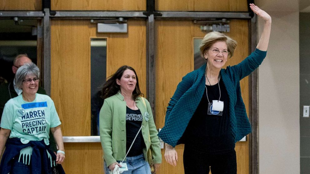 PHOTO: Democratic presidential candidate Sen. Elizabeth Warren, D-Mass., arrives to speak at a caucus at Roosevelt Hight School, Feb. 3, 2020, in Des Moines, Iowa.