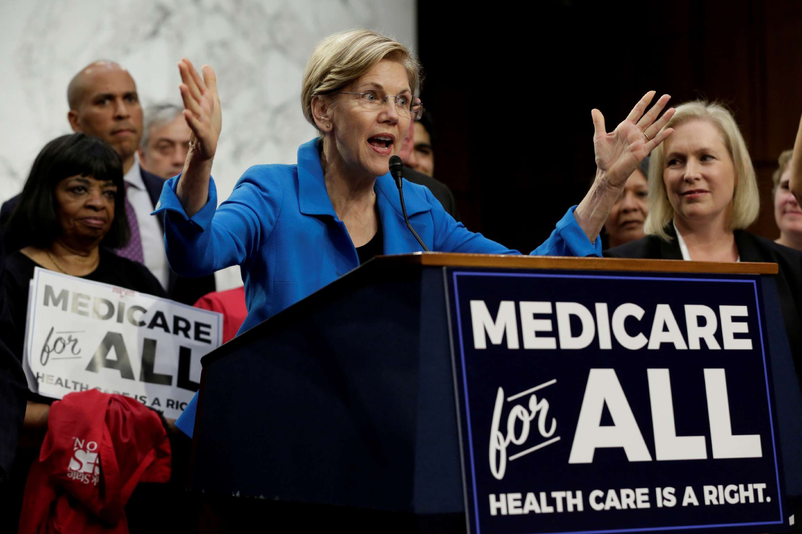 PHOTO: Sen. Elizabeth Warren, D-Mass., speaks during an event to introduce the "Medicare for All Act of 2017" on Capitol Hill in Washington, D.C., Sept. 13, 2017.