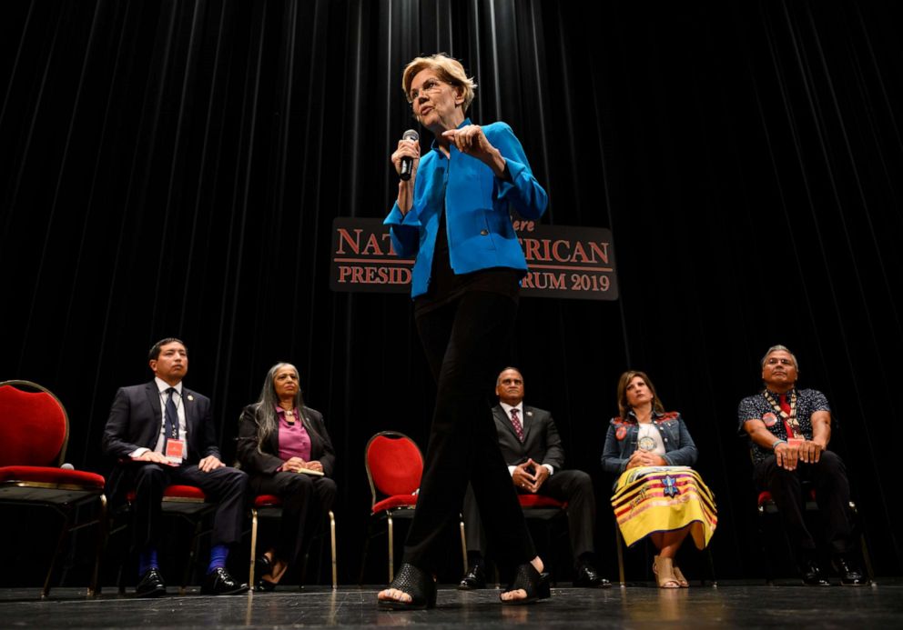 PHOTO: Democratic presidential candidate Sen. Elizabeth Warren, D-Mass., speaks at the Frank LaMere Native American Presidential Forum on Aug. 19, 2019 in Sioux City, Iowa.