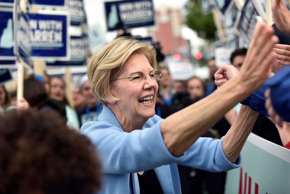 PHOTO: Democratic presidential candidate and Senator Elizabeth Warren greets supporters at the New Hampshire Democratic Party state convention in Manchester, N.H.,  Sept. 7, 2019.