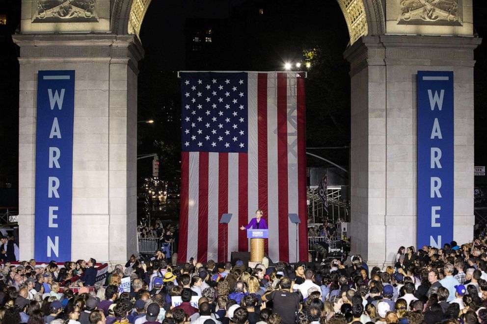 PHOTO: Democratic presidential candidate Sen. Elizabeth Warren speaks during a rally in Washington Square Park, Sept. 16, 2019, in New York City.