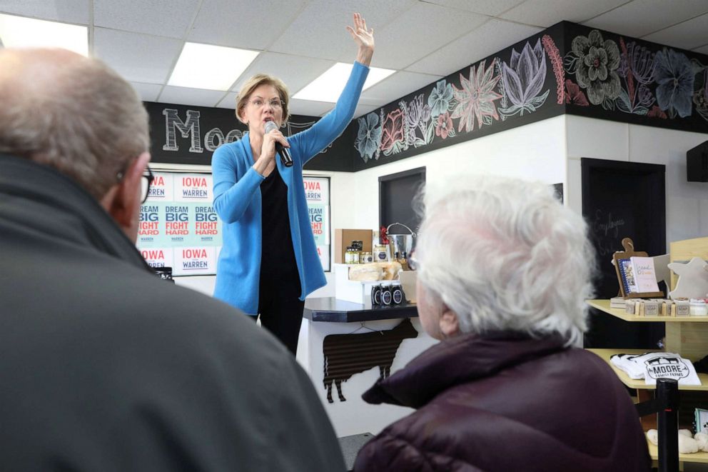 PHOTO: Democratic presidential candidate Senator Elizabeth Warren speaks during a voter canvassing event in Maquoketa, Iowa, Jan. 5, 2020.