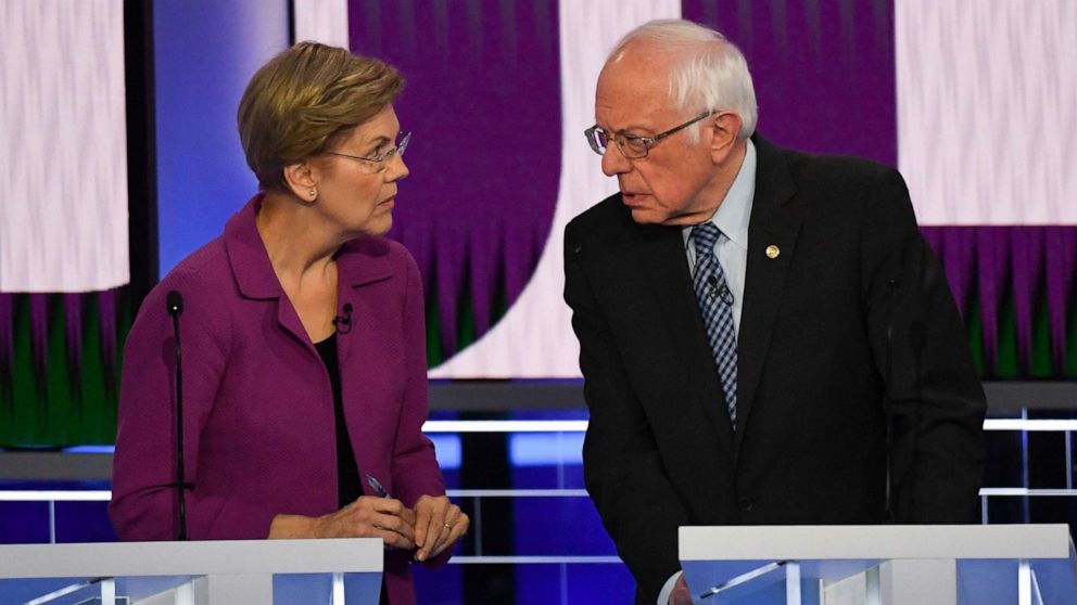 PHOTO: Democratic presidential hopefuls Sen. Elizabeth Warren and Sen. Bernie Sanders speak ahead of the ninth Democratic primary debate of the 2020 presidential campaign season at the Paris Theater in Las Vegas, Feb. 19, 2020.