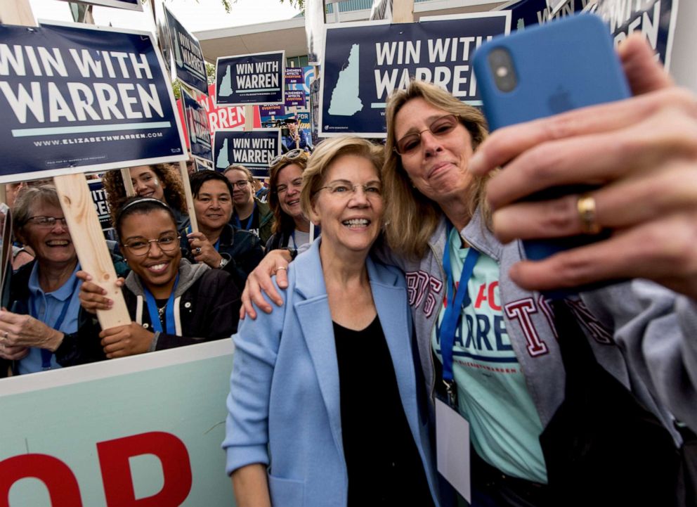 PHOTO: Democratic presidential candidate Elizabeth Warren greets supporters outside the SNHU Arena at the start of the New Hampshire State Democratic Convention, Sept. 7, 2019, in Manchester, New Hampshire.
