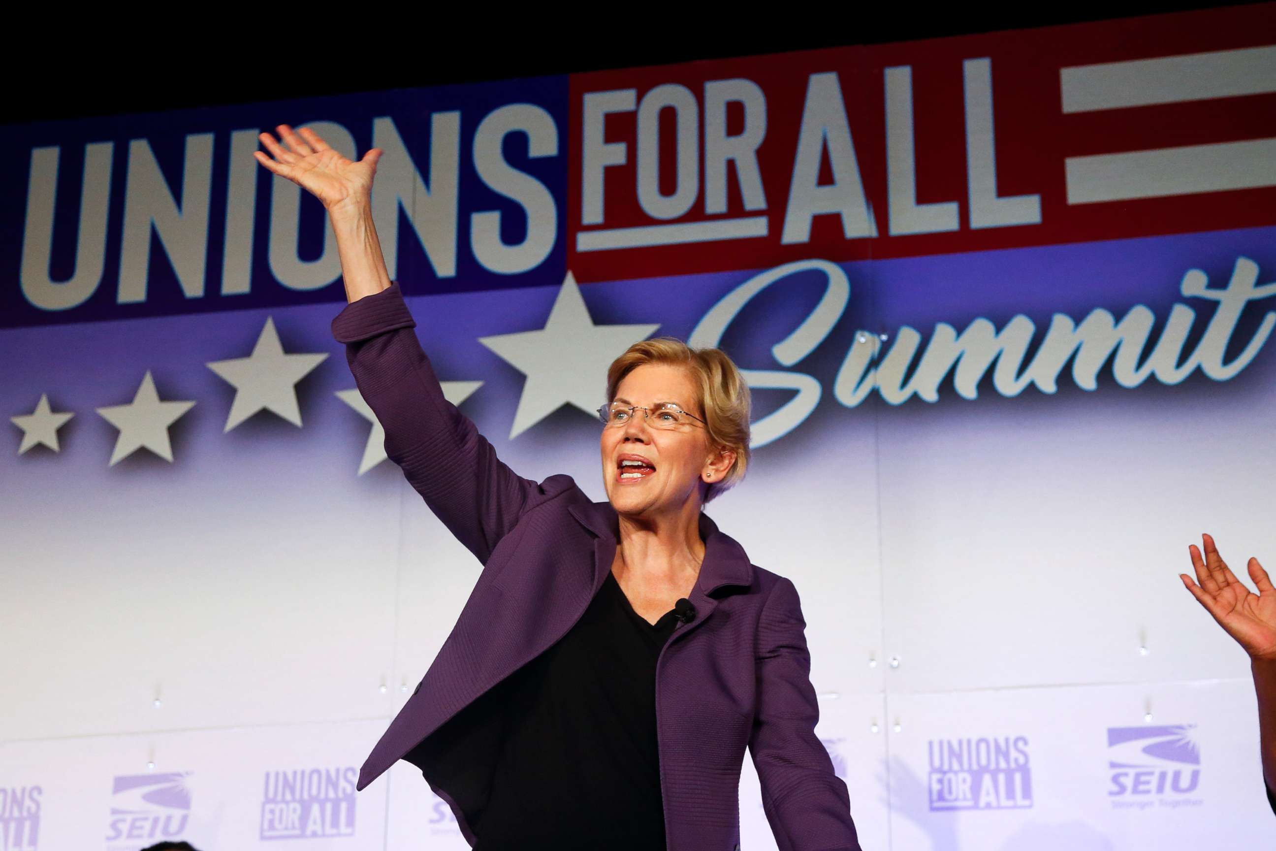 PHOTO: Democratic presidential candidate Sen. Elizabeth Warren, D-Mass., waves to supporters at the SEIU Unions For All Summit on Friday, Oct. 4, 2019, in Los Angeles.