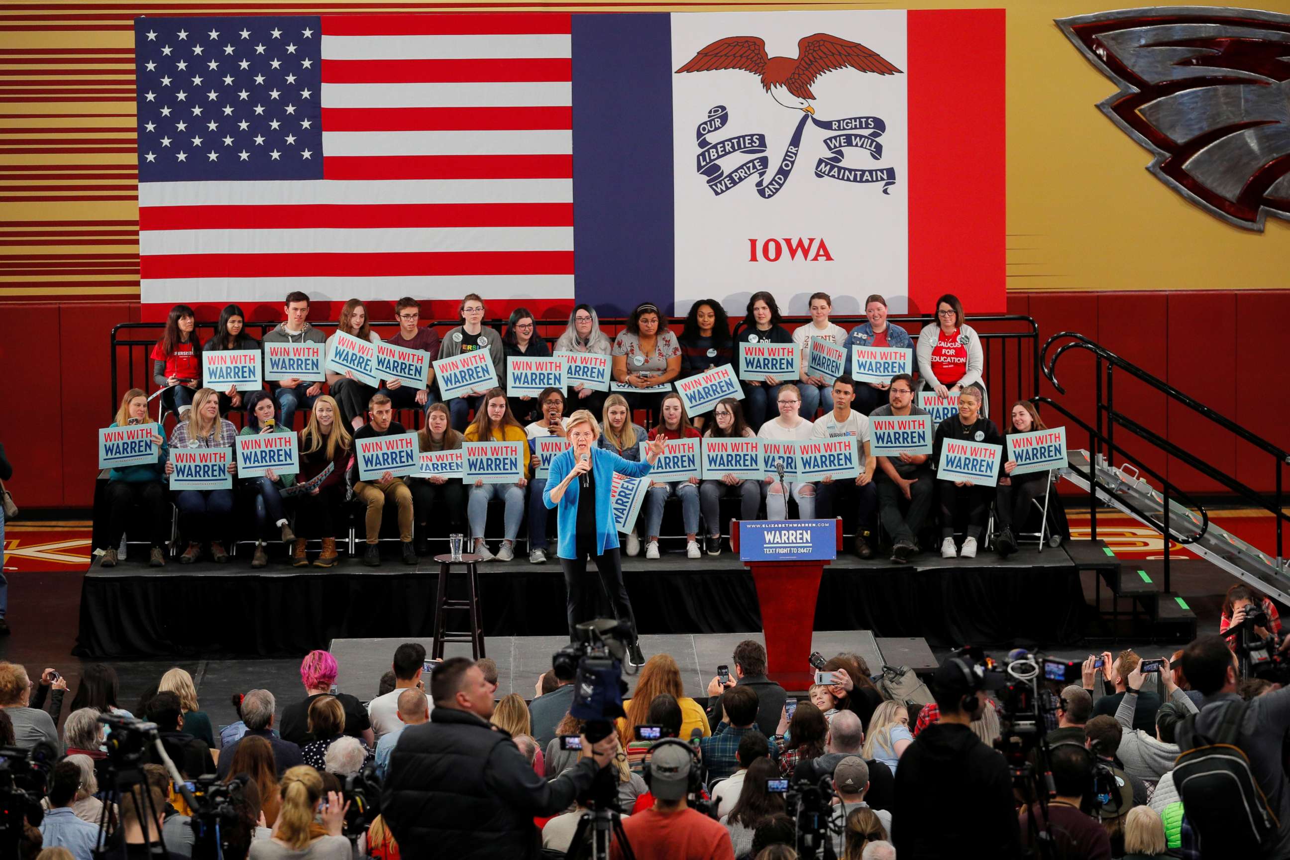 PHOTO: U.S. Senator Elizabeth Warren, D-Mass., speaks at a Get Out the Caucus Rally in Cedar Rapids, Iowa, Feb. 1, 2020.
