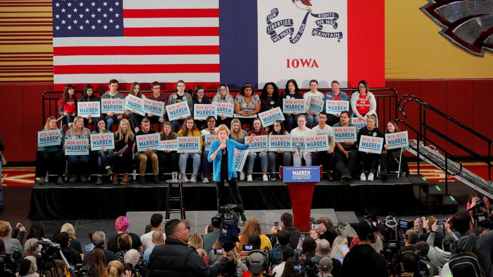 PHOTO: U.S. Senator Elizabeth Warren, D-Mass., speaks at a Get Out the Caucus Rally in Cedar Rapids, Iowa, Feb. 1, 2020.