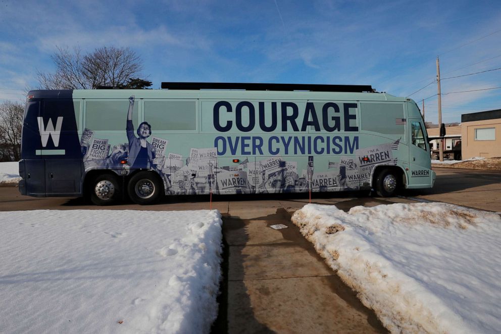 PHOTO: U.S. Sen. Elizabeth Warren's campaign bus departs a Get Out the Caucus Rally in Cedar Rapids, Iowa, U.S., Feb. 1, 2020.