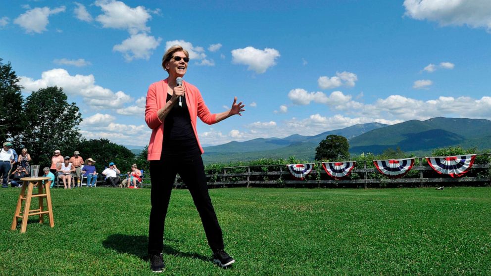 PHOTO: Democratic presidential candidate Elizabeth Warren speaks to supporters during a campaign stop and town hall at Toad Hill Farm in Franconia, New Hampshire, overlooking the White Mountains on Aug. 14, 2019.
