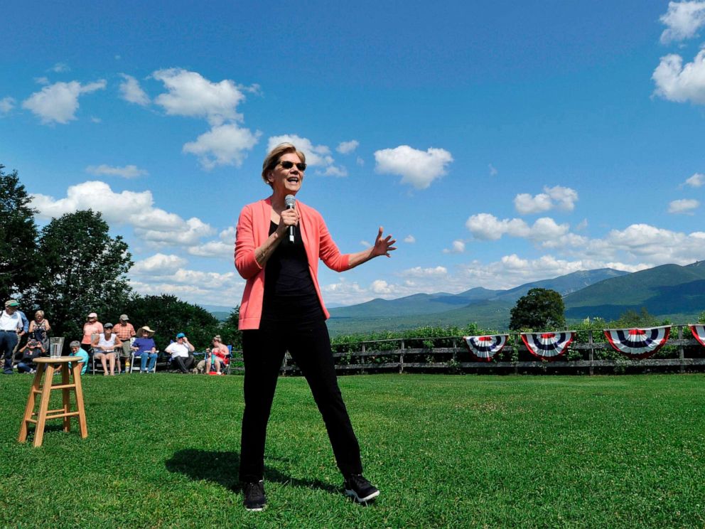 PHOTO: Democratic presidential candidate Elizabeth Warren speaks to supporters during a campaign stop and town hall at Toad Hill Farm in Franconia, New Hampshire, overlooking the White Mountains on Aug. 14, 2019.