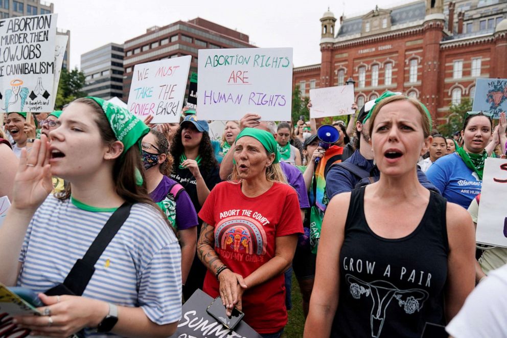 PHOTO: Women's March activists attend a protest in the wake of the U.S. Supreme Court's decision to overturn the landmark Roe v. Wade abortion decision, in Washington, D.C., July 9, 2022. 