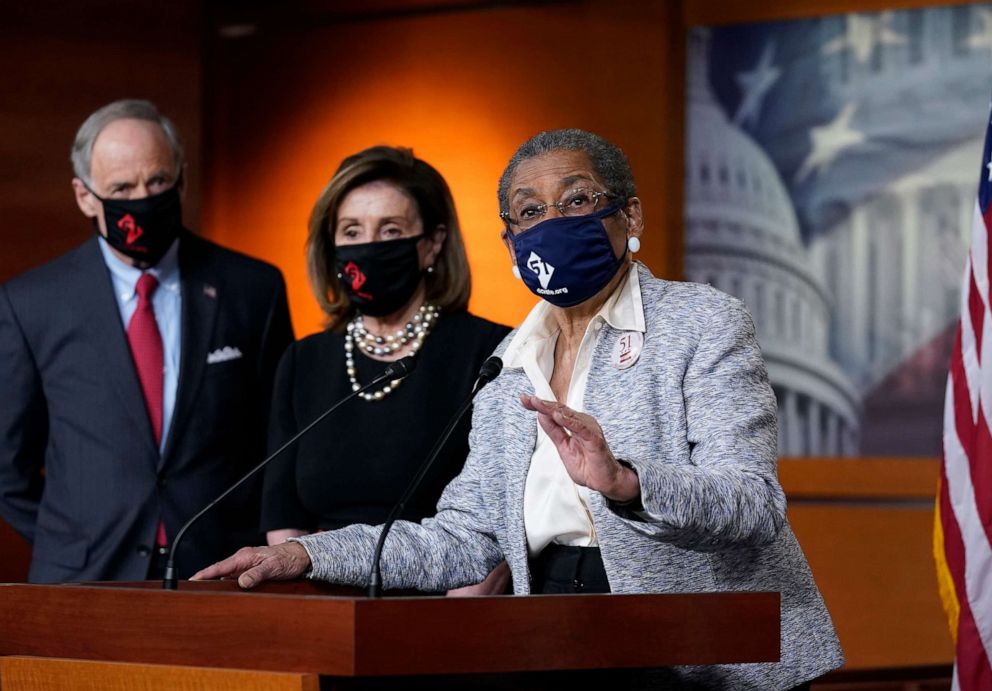 PHOTO: Del. Eleanor Holmes-Norton, joined from left by Sen. Tom Carper, and House Speaker Nancy Pelosi, speaks at a news conference ahead of the House vote on H.R. 51- the Washington, D.C. Admission Act, on Capitol Hill, April 21, 2021.