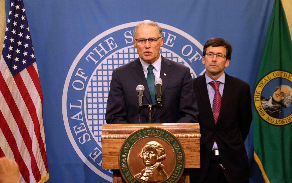 PHOTO: Gov. Jay Inslee, left, addresses a news conference with Attorney General Bob Ferguson following an earlier announcement that Washington's Supreme Court unanimously struck down the state's death penalty, Oct. 11, 2018, in Olympia, Wash.