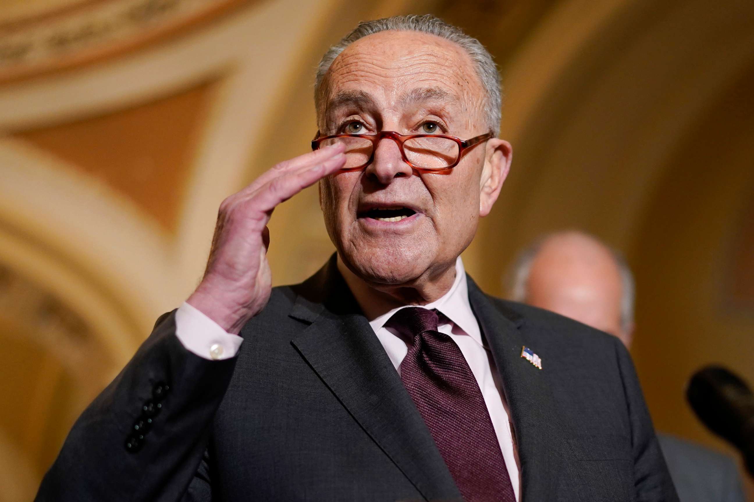 PHOTO: Senate Majority Leader Chuck Schumer of N.Y., speaks during a news conference after the weekly Democratic policy luncheon on Capitol Hill in Washington, Dec. 7, 2021.