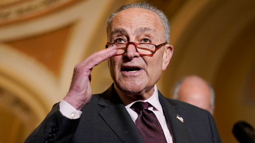 PHOTO: Senate Majority Leader Chuck Schumer of N.Y., speaks during a news conference after the weekly Democratic policy luncheon on Capitol Hill in Washington, Dec. 7, 2021.