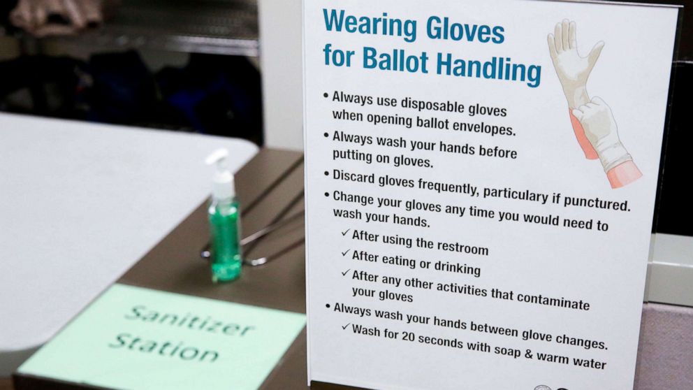 PHOTO: A hand sanitizer station is setup for election workers sorting vote-by-mail ballots for the presidential primary at King County Elections in Renton, Wash., March 10, 2020.