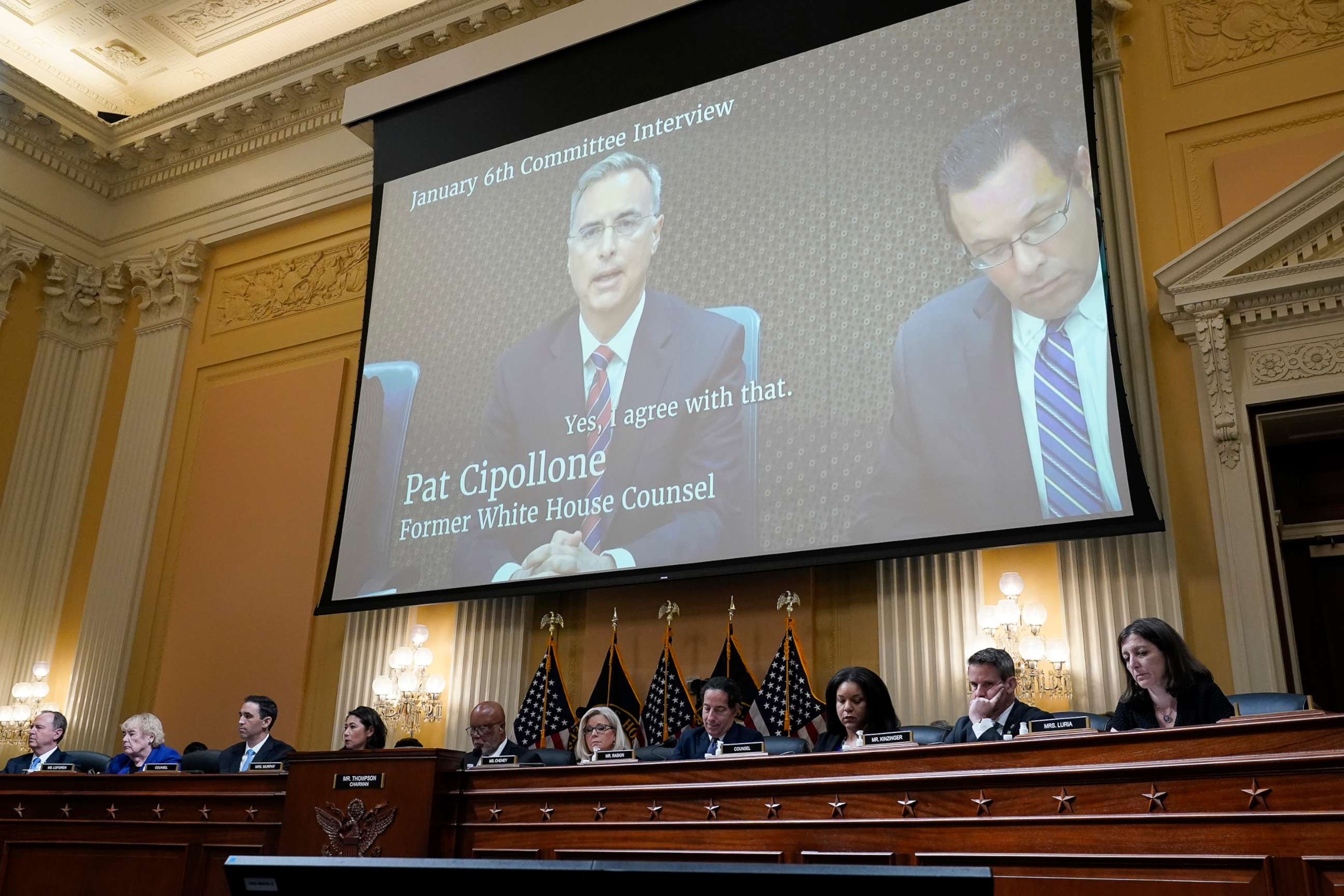 PHOTO: A video showing Pat Cipollone, the former White House counsel, speaking during an interview with the Jan. 6 Committee during a hearing at the Capitol in Washington, July 12, 2022.