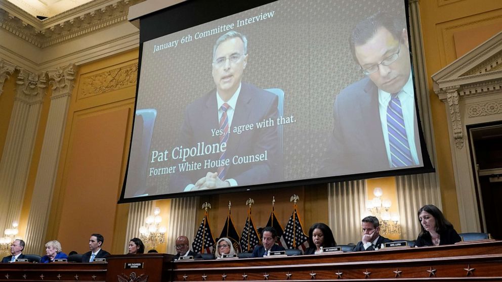 PHOTO: A video showing Pat Cipollone, the former White House counsel, speaking during an interview with the Jan. 6 Committee during a hearing at the Capitol in Washington, July 12, 2022.