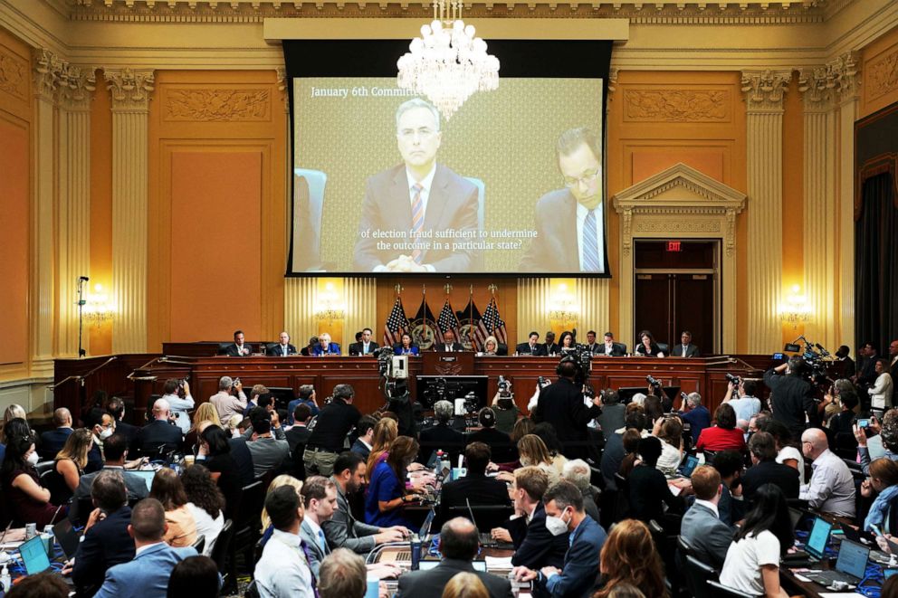 PHOTO: A video of former White House Counsel Pat Cipollone is played during the seventh public hearing by the House Select Committee to investigate the January 6th attack on the US Capitol, in Washington, July 12, 2022.