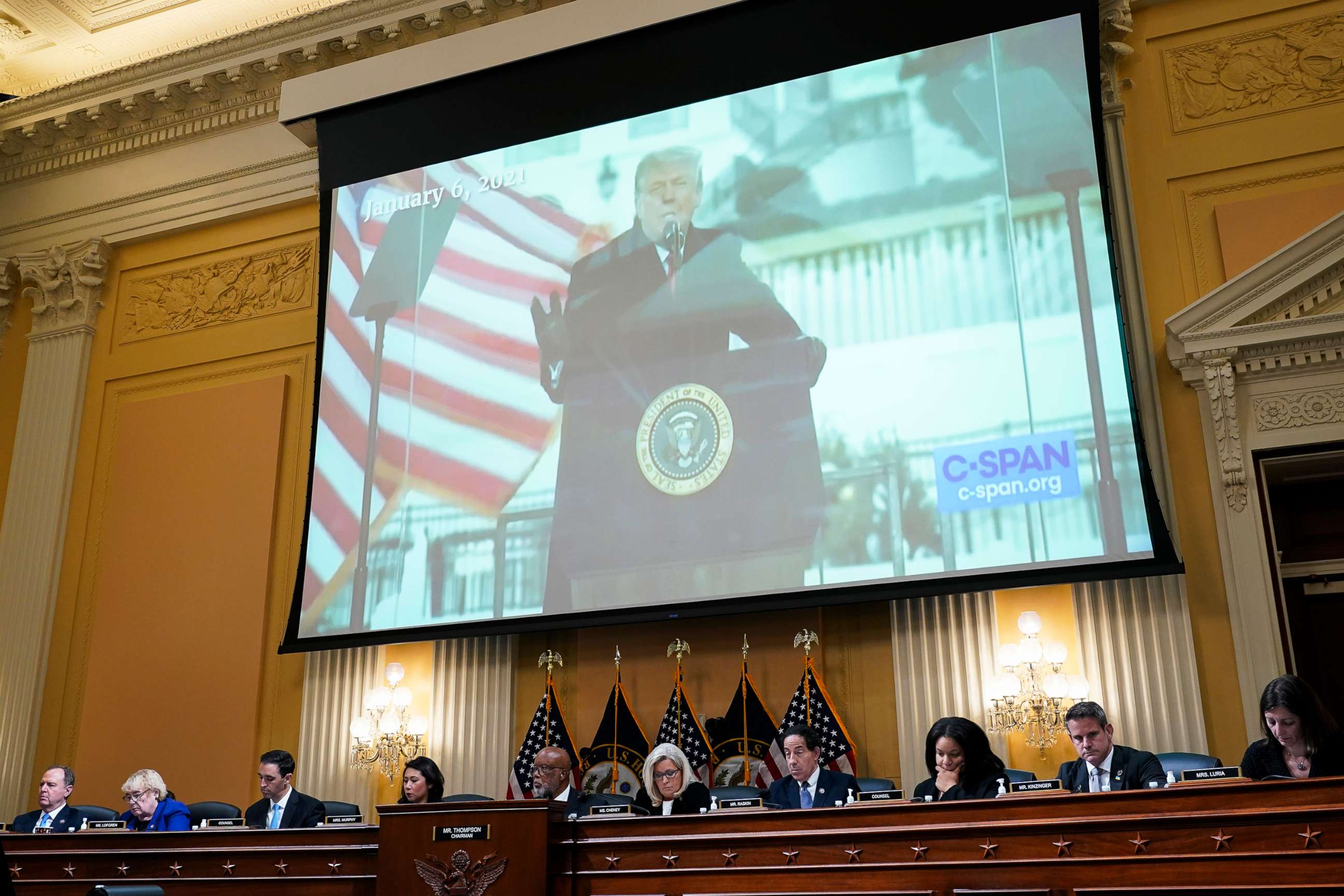 PHOTO: A video of then-President Donald Trump speaking is displayed as the House select committee investigating the Jan. 6 attack on the U.S. Capitol, Washington, June 23, 2022.