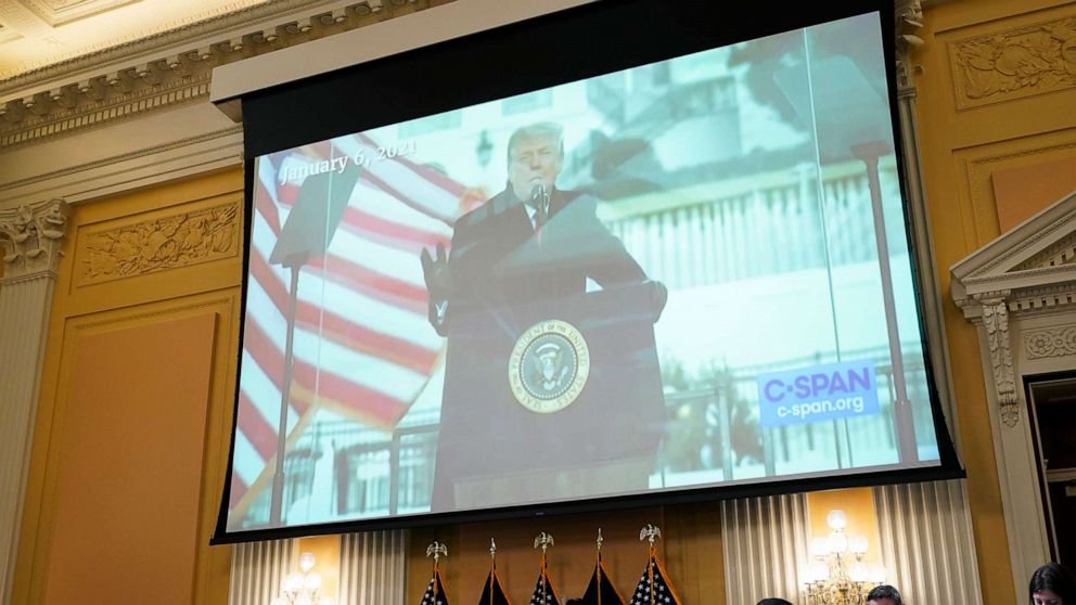 PHOTO: A video of then-President Donald Trump speaking is displayed as the House select committee investigating the Jan. 6 attack on the U.S. Capitol, Washington, June 23, 2022.