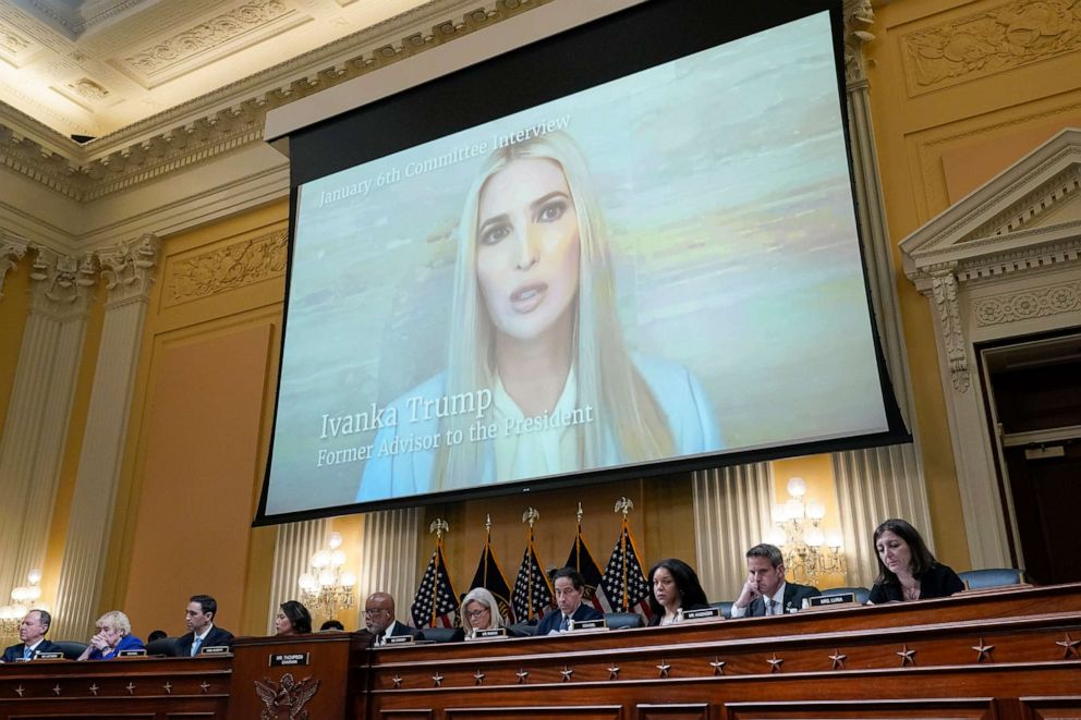 PHOTO: A video of Ivanka Trump, former White House senior adviser, is shown as the House select committee investigating the Jan. 6 attack on the U.S. Capitol holds a hearing at the Capitol in Washington, July 12, 2022.