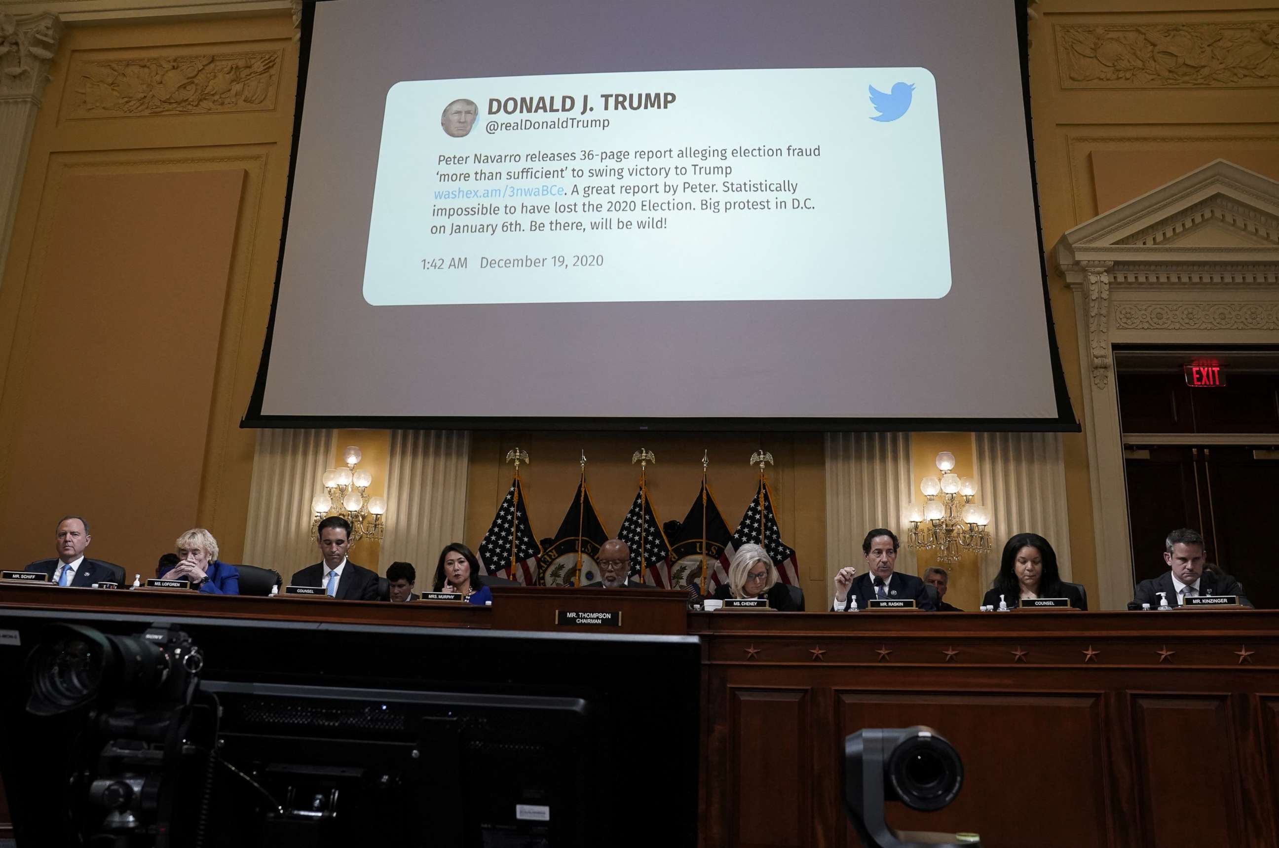 PHOTO: Former U.S President Donald Trump's tweet is shown on the screen during a public hearing of the U.S. House Select Committee to investigate the January 6 Attack on the U.S. Capitol, on Capitol Hill, July 12, 2022.