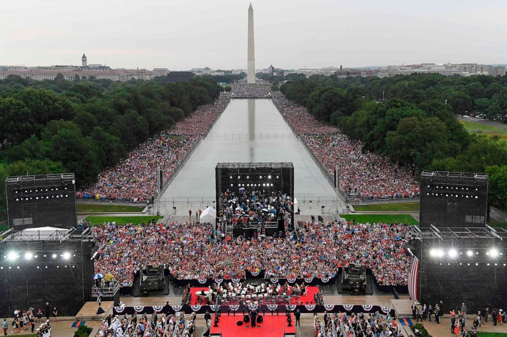 PHOTO: In this July 4, 2019, file photo, President Donald Trump speaks during the "Salute to America" Fourth of July event at the Lincoln Memorial in Washington, DC.