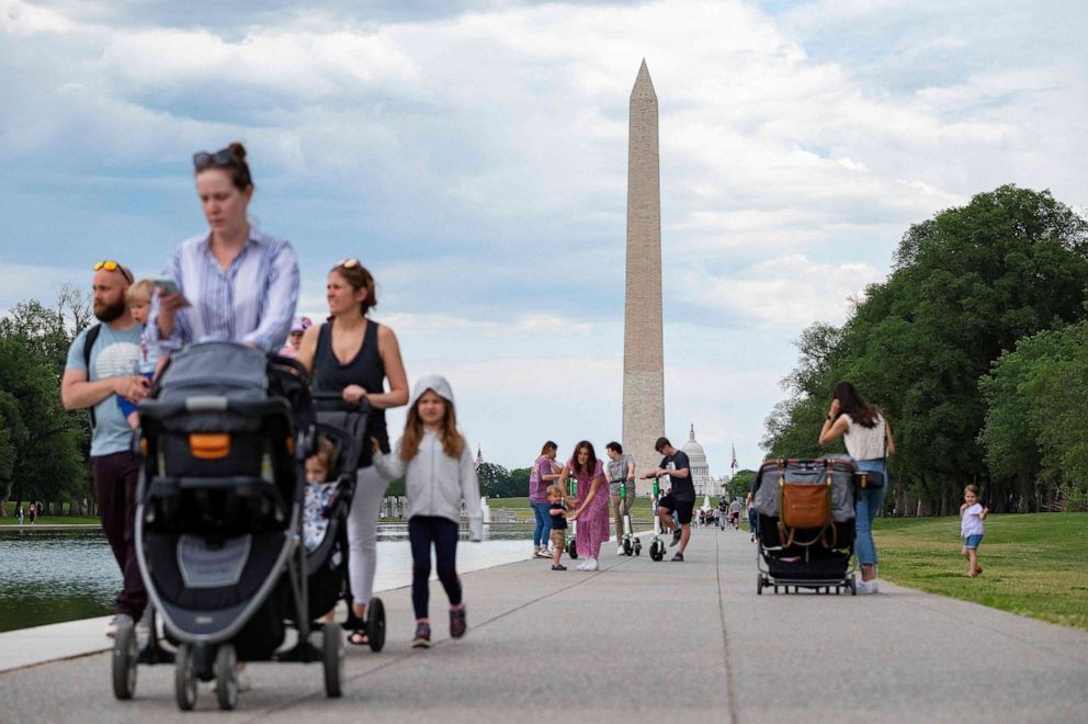 PHOTO: Tourists, some in face masks while others are not, walk the National Mall in Washington, D.C., on May 14, 2021.