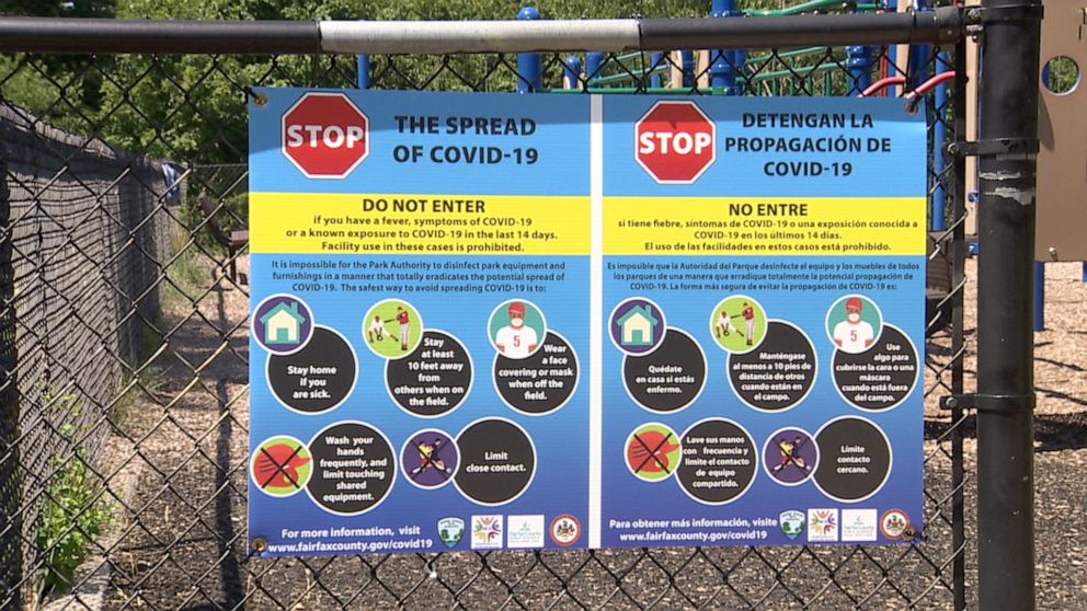 PHOTO: Coronavirus safety signs hang on a fence at a playground in the Washington D.C. metro area, July 13, 2020.
