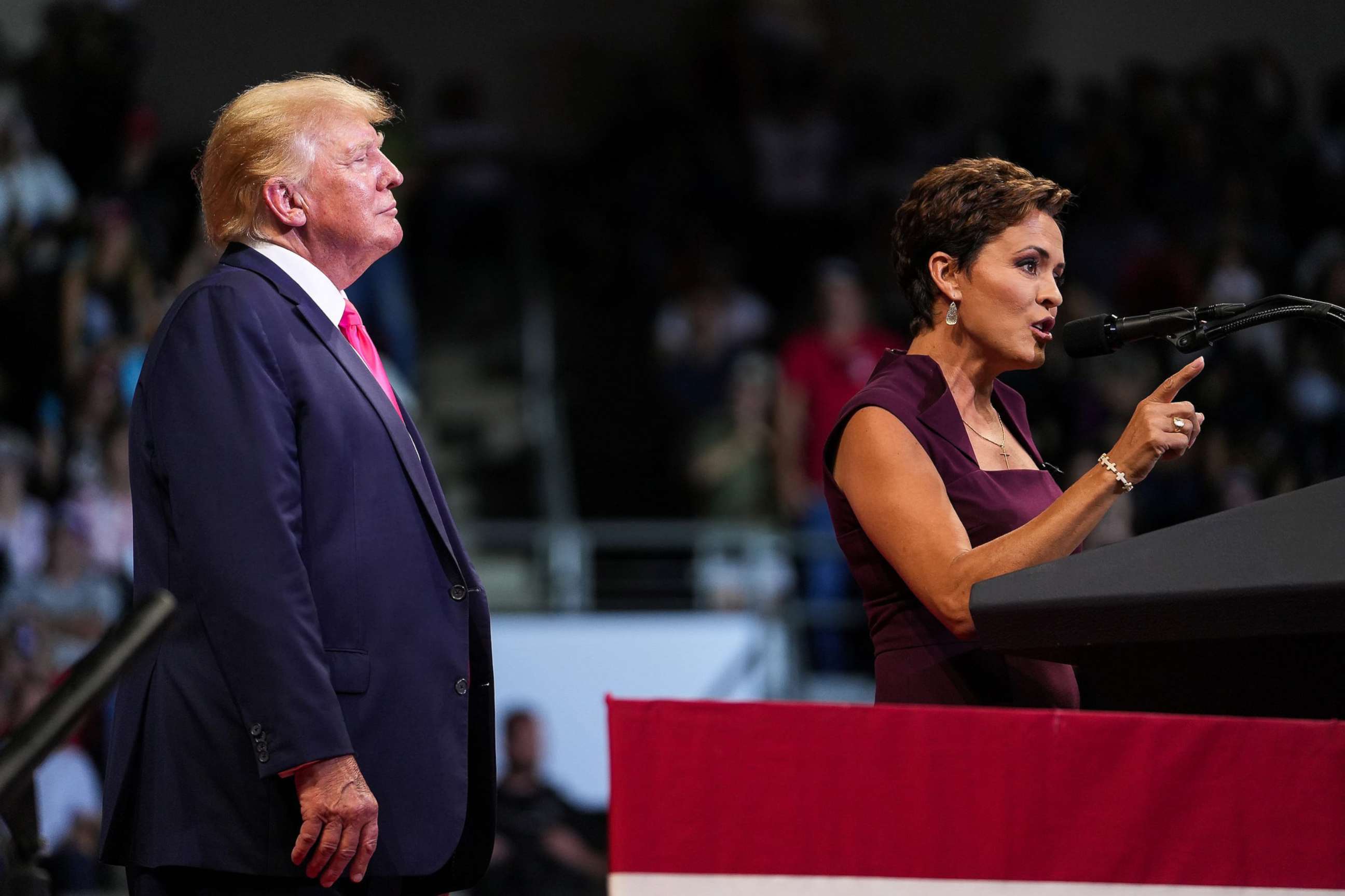 PHOTO: Kari Lake, candidate for governor, speaks after being invited onstage by former President Donald Trump during a Save America rally in Prescott Valley, Ariz., July 22, 2022.

