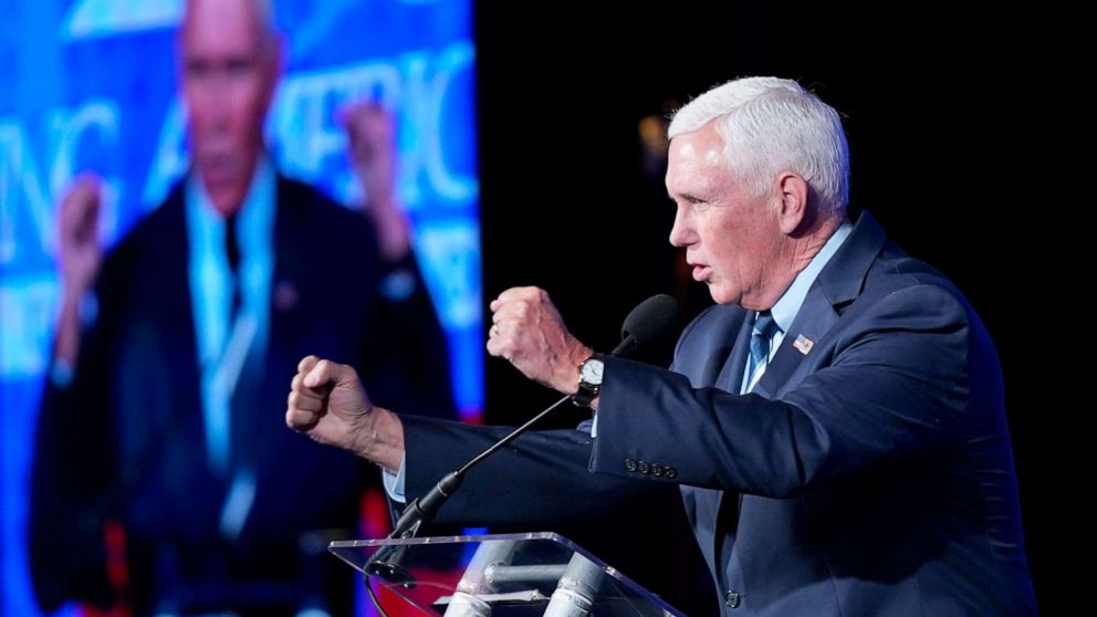 PHOTO: Former Vice President Mike Pence speaks at the Young America's Foundation's National Conservative Student Conference in Washington, July 26, 2022.