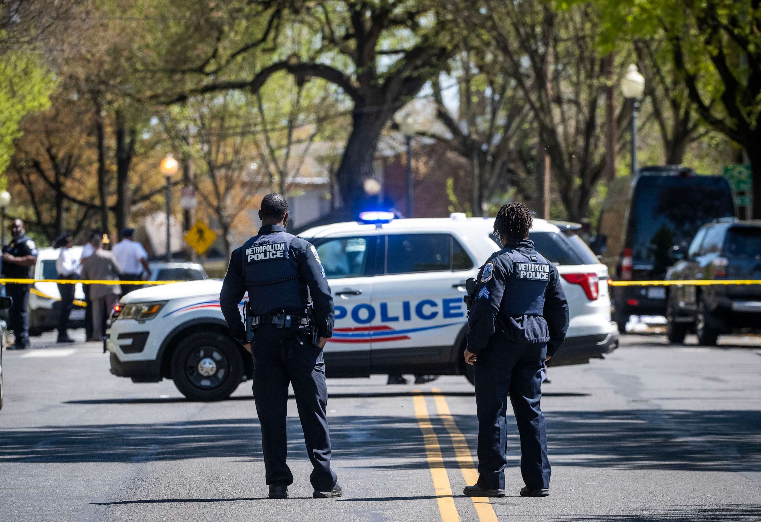 PHOTO: Police block off Benning Road at the scene of a multiple shooting at Stewart Funeral Home, in Washington, Apr. 11, 2023.