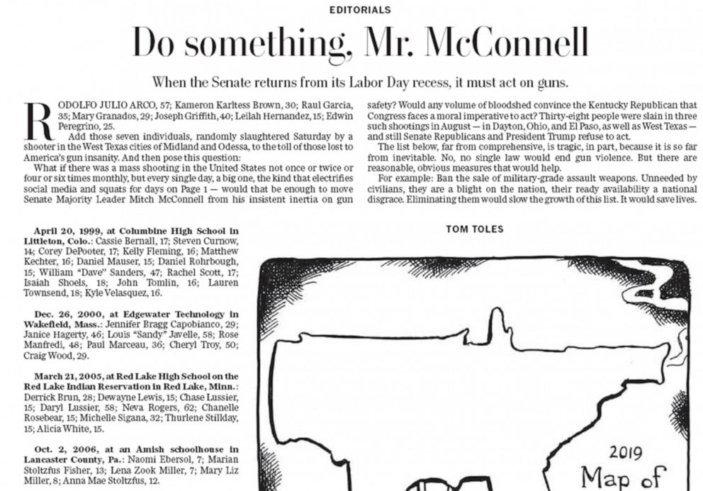 PHOTO: An editorial with the headline, "Do something, Mr. MocConnell" appeared in the Washington Post on Sept. 4, 2019.