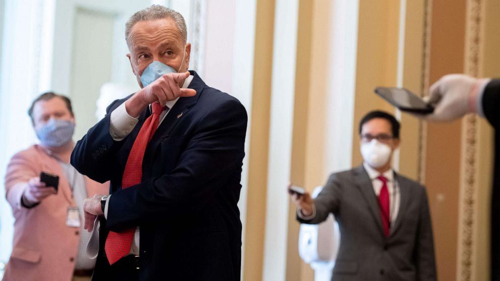 PHOTO: Senate Minority Leader Chuck Schumer wears a mask to protect himself and others from COVID-19 as he speaks to the press as the Senate returns into session at the U.S. Capitol in Washington, May 4, 2020.