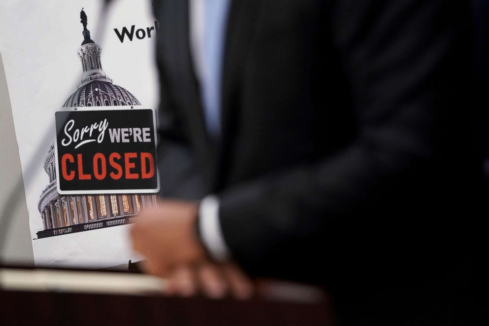 PHOTO: A "Closed" sign is seen during a news conference after a House Democratic Caucus meeting at the U.S. Capitol, Jan. 9, 2019, in Washington, D.C. 