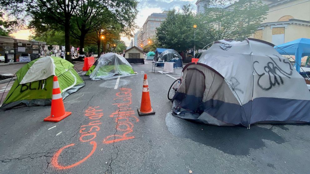 PHOTO: Tents are shown at Lafayette Square, June 20, 2020, in front of the White House. 