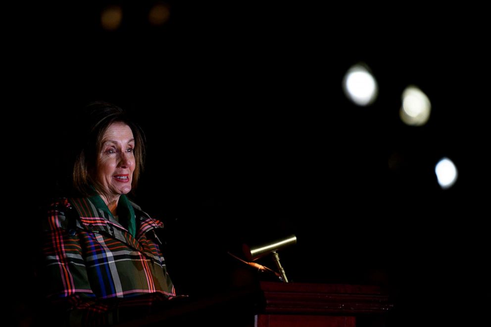 PHOTO: Speaker of the House Nancy Pelosi speaks ahead of the U.S. Capitol Tree lighting ceremony in Washington, DC, on Dec. 4, 2019.