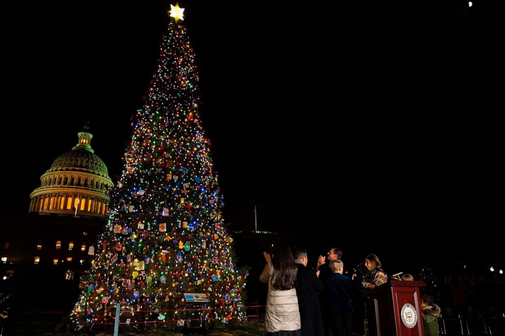 PHOTO: Speaker of the House Nancy Pelosi lights the U.S. Capitol Christmas Tree in Washington, DC, on Dec. 4, 2019.